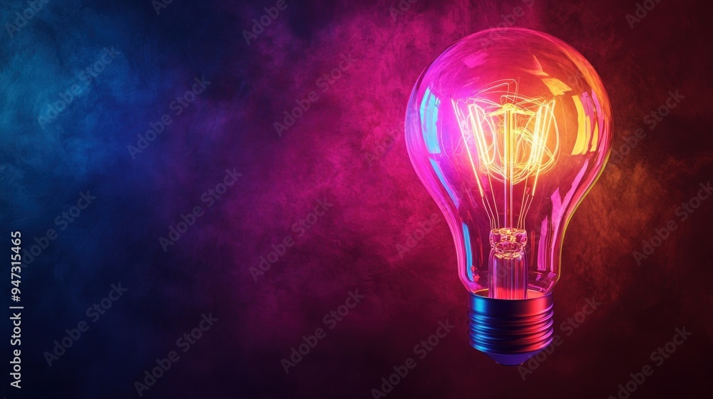 Glowing Light Bulb in a Smokey, Pink and Blue Background Glowing Light Bulb in a Smokey, Pink and Blue Background