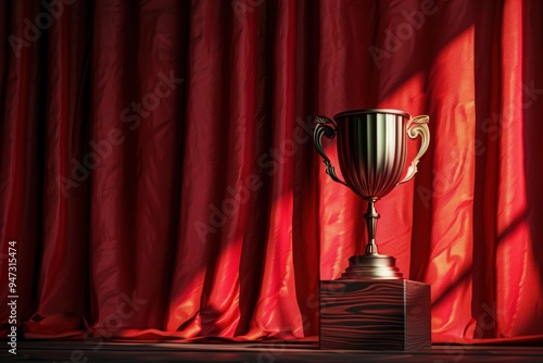 A trophy on a stage in front of a red curtain