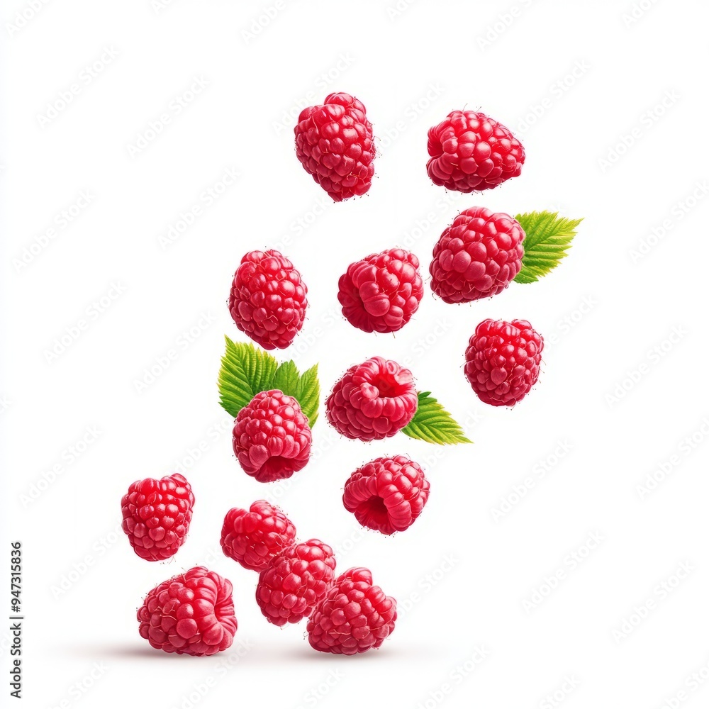 Falling raspberry fruits isolated on white background Falling raspberry fruits isolated on white background