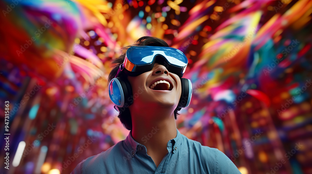 仮想現実に興奮するVRゴーグルを着けた男性 仮想現実に興奮するVRゴーグルを着けた男性
