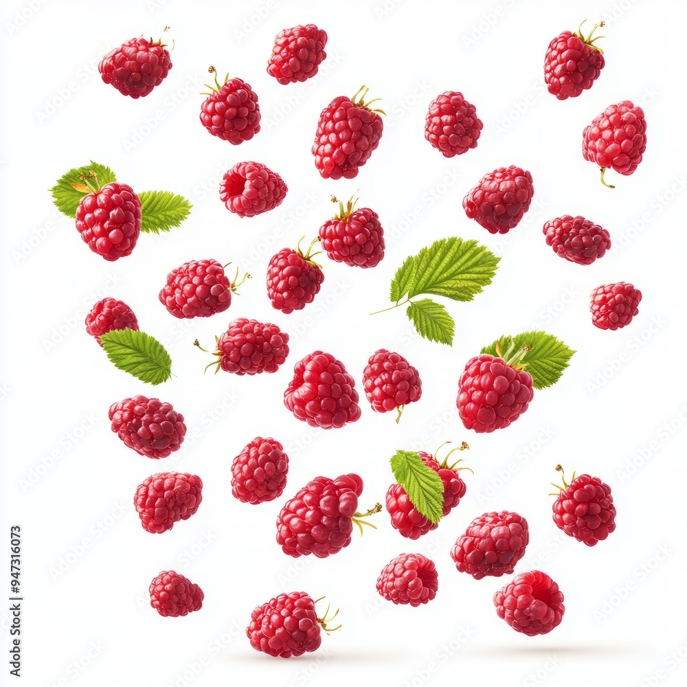Falling raspberry fruits isolated on white background Falling raspberry fruits isolated on white background