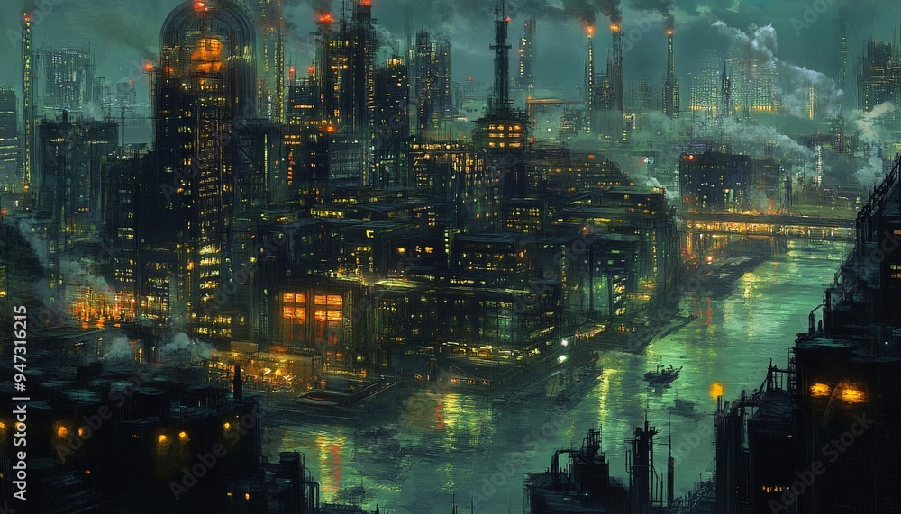 Futuristic Cityscape at Night with River and Industrial Buildings Futuristic Cityscape at Night with River and Industrial Buildings