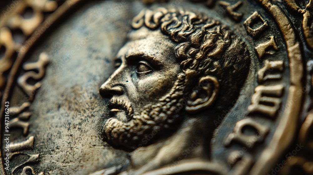 Close-up image of an ancient coin displaying a detailed profile of a bearded man with curly hair. The surface of the coin shows intricate detailing, including raised inscriptions surrounding the portr Close-up image of an ancient coin displaying a detailed profile of a bearded man with curly hair. The surface of the coin shows intricate detailing, including raised inscriptions surrounding the portr