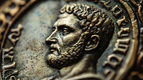 Close-up image of an ancient coin displaying a detailed profile of a bearded man with curly hair. The surface of the coin shows intricate detailing, including raised inscriptions surrounding the portr photo