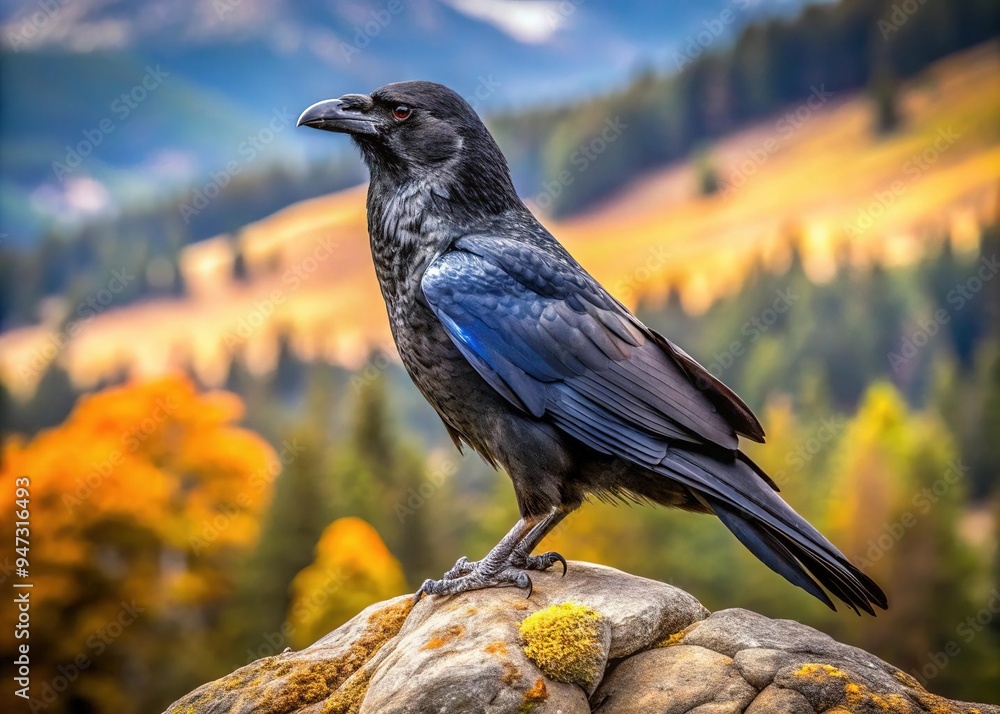 Obraz premium A majestic Corvus stands vigilant on a rocky perch, gazing out at the wild expanse below, its sentry-like pose a testament to its keen instincts.