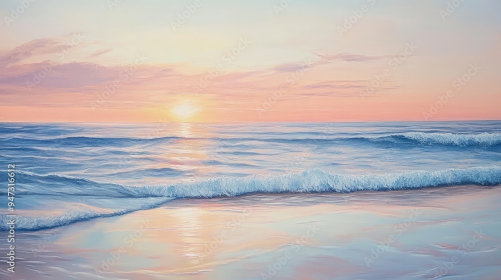 Beach sunrise with soft pastel colors reflecting on the calm ocean waters. Beach sunrise with soft pastel colors reflecting on the calm ocean waters.