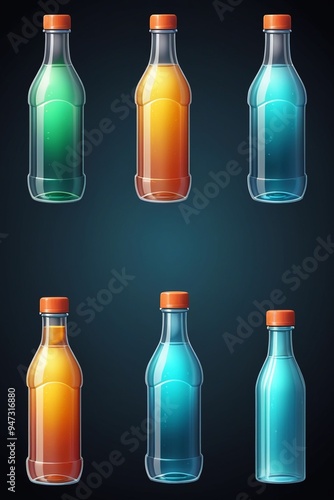 A collection of liquid bottles isolated on a dark background, cartoon style photo