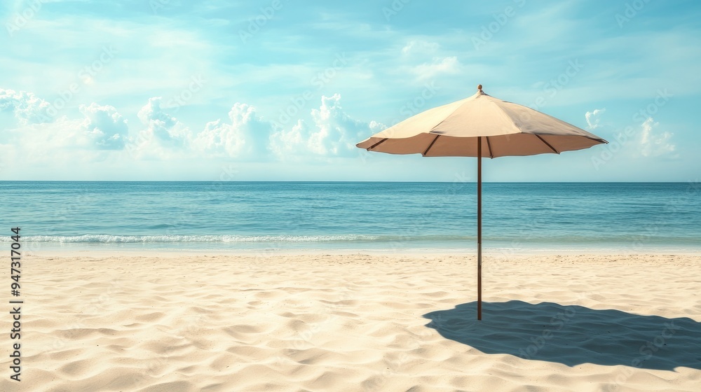Beach umbrella casting a shadow on the sand, with the ocean in the background. Beach umbrella casting a shadow on the sand, with the ocean in the background.