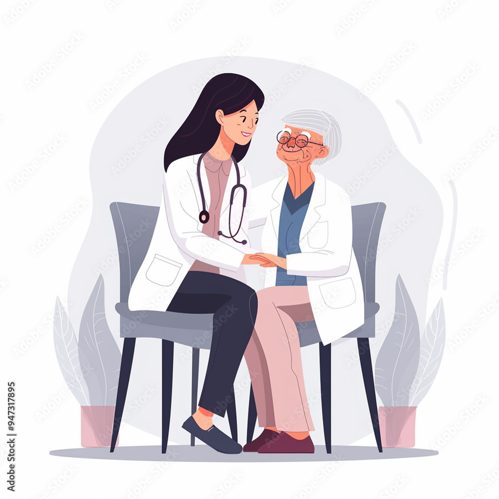 illustration of female doctor treating elderly patient, flat design for world doctors day illustration of female doctor treating elderly patient, flat design for world doctors day