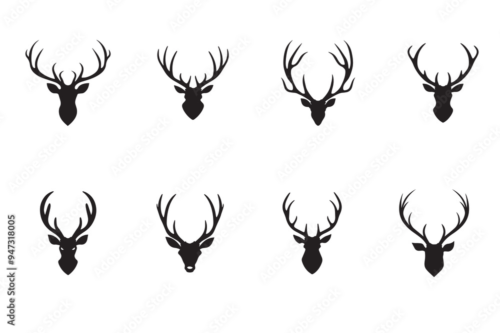 Set of Deer Head collection - Elk face Silhouette - Deer Antler illustration in black and white Set of Deer Head collection - Elk face Silhouette - Deer Antler illustration in black and white