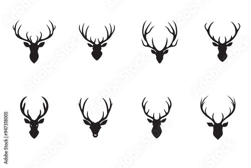 Set of Deer Head collection - Elk face Silhouette - Deer Antler illustration in black and white