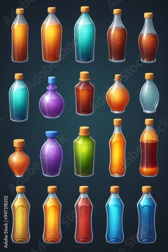 Wallpaper Mural A collection of liquid bottles isolated on a dark background, cartoon style Torontodigital.ca