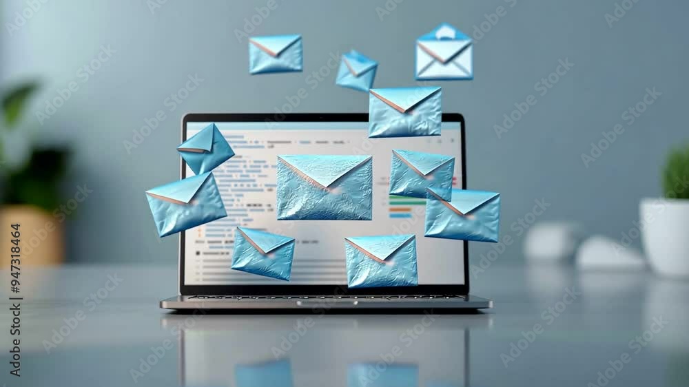 Laptop with multiple email icons floating above the screen, symbolizing communication and digital correspondence.