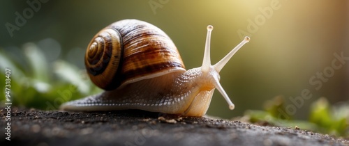 A Snail Crawling on a Tree Branch in the Sunlight photo