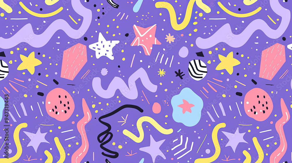 Purple Memphis pattern with geometric, lines, and stripes. Purple Memphis pattern with geometric, lines, and stripes.