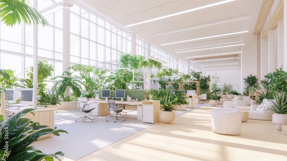 Fototapeta premium Modern Office Interior Design with Green Plants and Natural Light