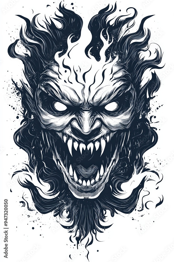 Demon Face Illustration with Flames and Splatter Demon Face Illustration with Flames and Splatter