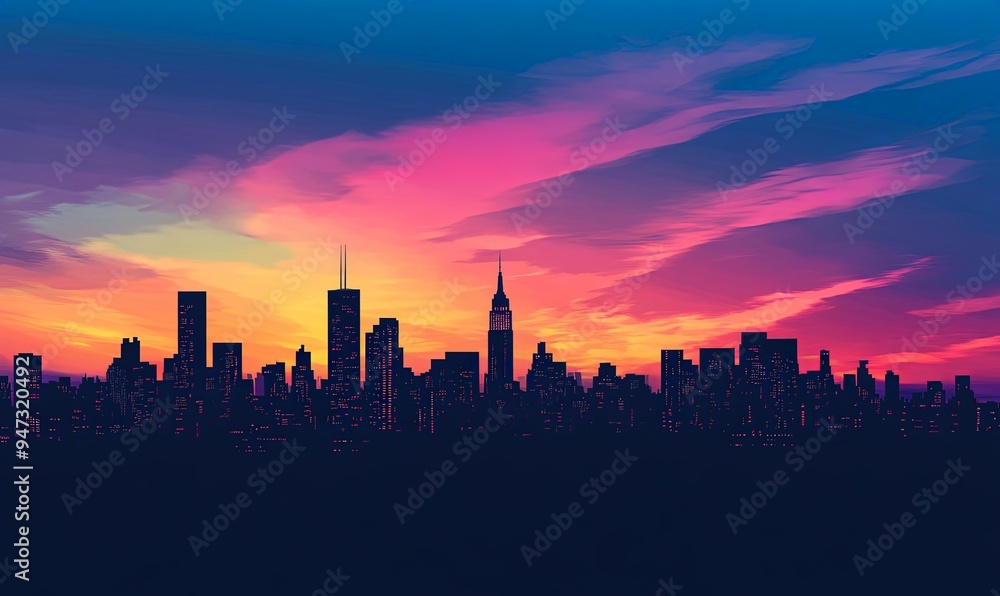 Fototapeta premium Cityscape Silhouette with Colorful Sunset Clouds