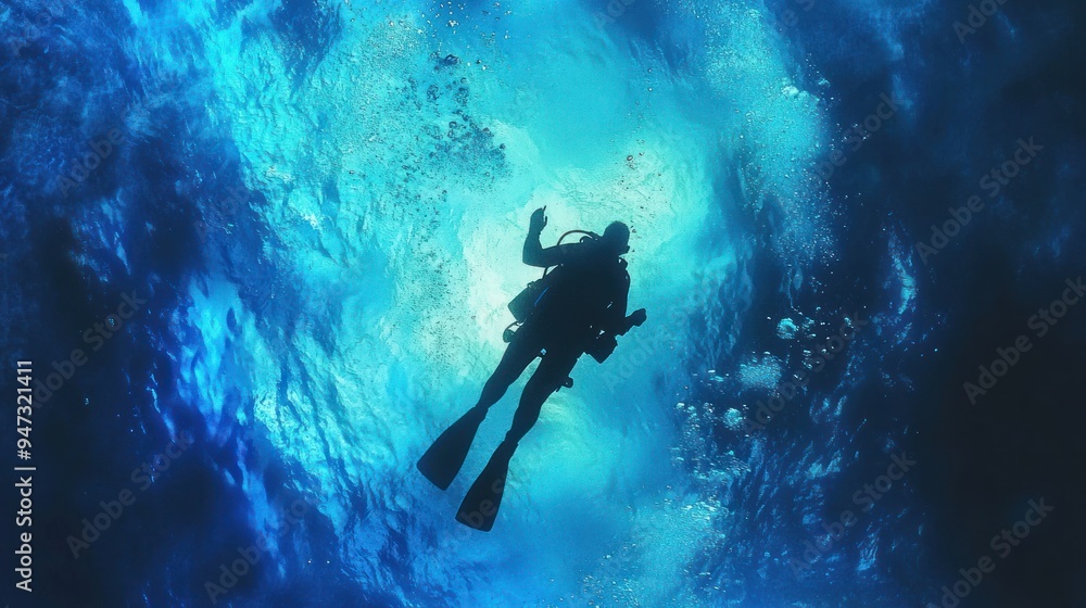 Silhouette of a Scuba Diver Ascending in Blue Water Silhouette of a Scuba Diver Ascending in Blue Water