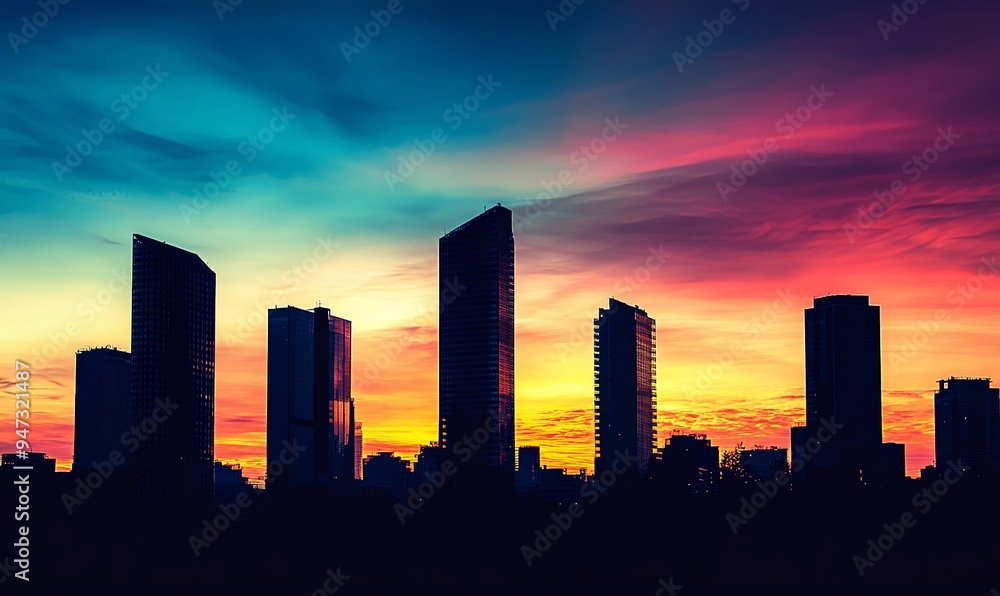City Skyline Silhouette at Sunset with Colorful Clouds City Skyline Silhouette at Sunset with Colorful Clouds