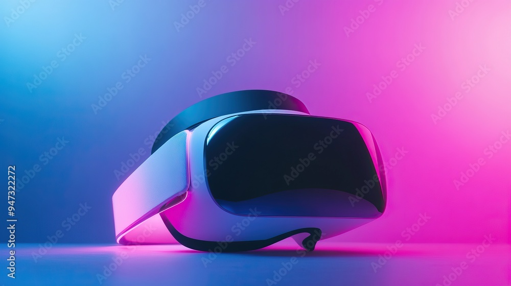 Virtual reality headset on pink and blue gradient background showcasing immersive technology and digital innovation concept Virtual reality headset on pink and blue gradient background showcasing immersive technology and digital innovation concept