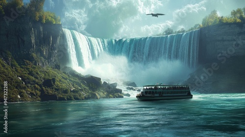 A boat tour under Niagara Falls, surrounded by towering walls of water. photo