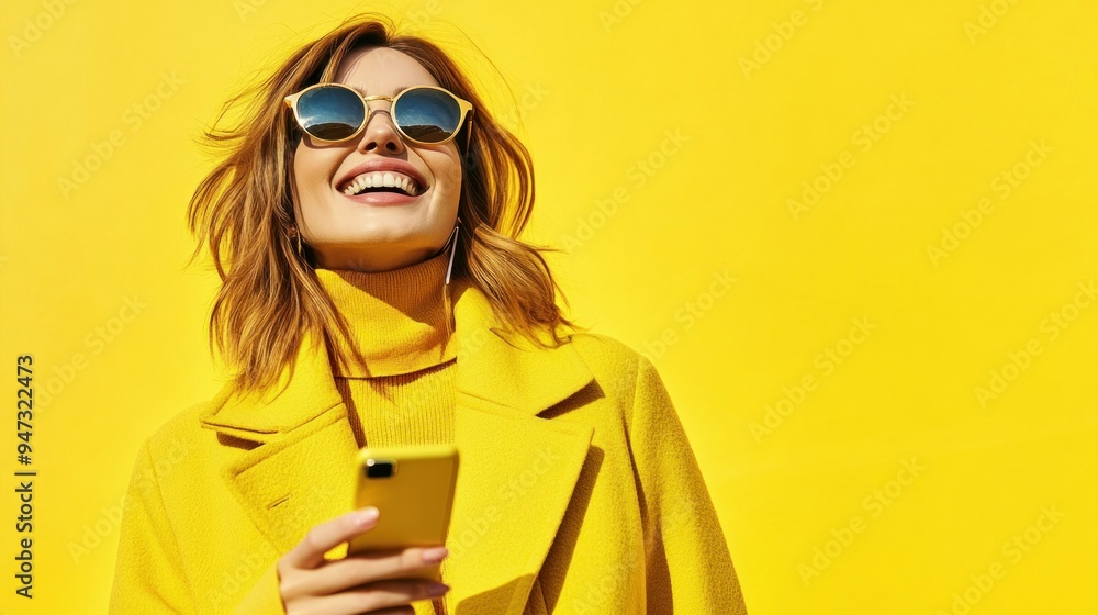 Woman in Yellow Outfit and Sunglasses, Holding a Smartphone Woman in Yellow Outfit and Sunglasses, Holding a Smartphone