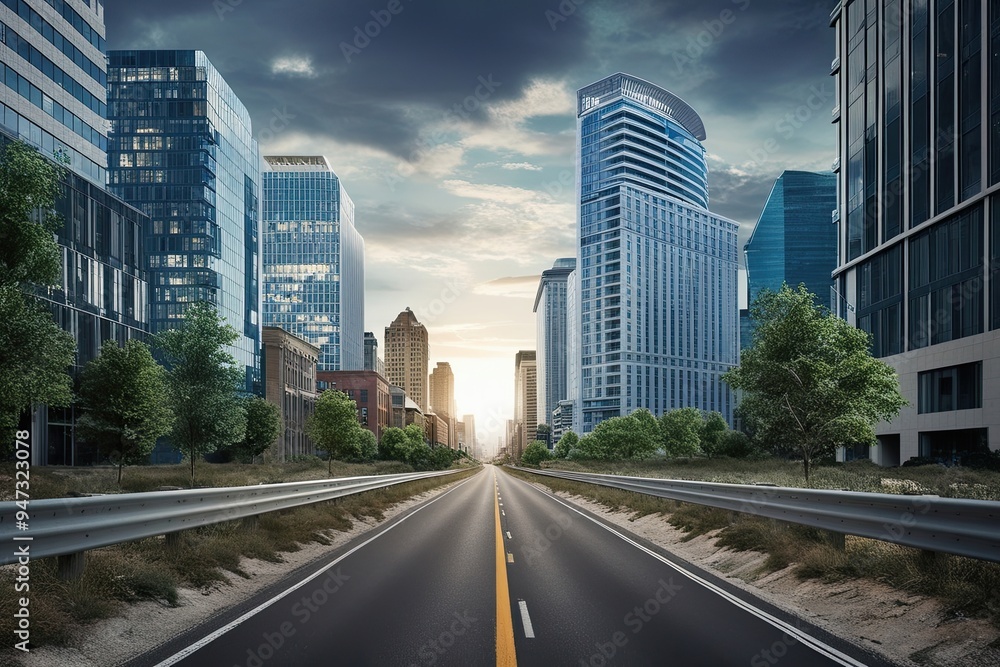 Vibrant Depiction of an Unruly Road Adjacent to City Skyscrapers in a Lively Urban Environment Vibrant Depiction of an Unruly Road Adjacent to City Skyscrapers in a Lively Urban Environment