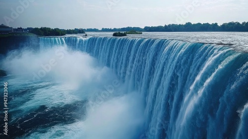 A close-up of the Horseshoe Falls, with water rushing over the edge into the river below.