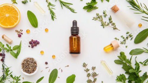 Herbal Essential Oil Bottles with Fresh Herbs Lemon and Capsules