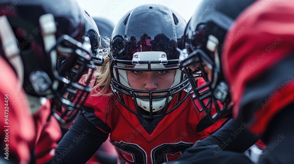 A group of female football players huddle together A group of female football players huddle together