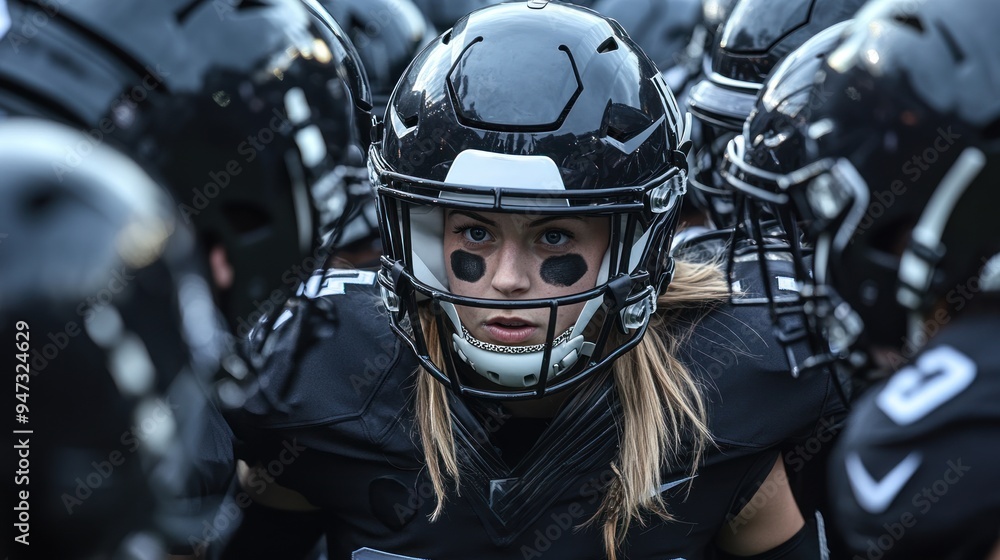 A group of female football players huddle together A group of female football players huddle together