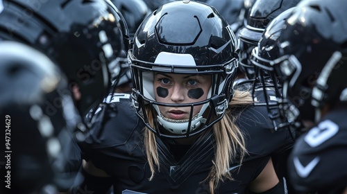 A group of female football players huddle together