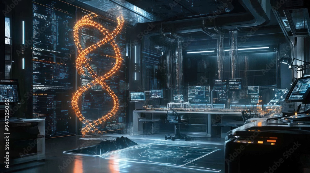 Obraz premium A futuristic room with a glowing DNA strand in the center