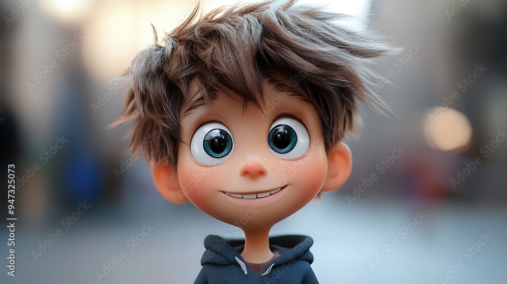 A cartoon boy with brown hair and blue eyes, wearing a blue hoodie, smiles broadly at the camera, his hair is slightly disheveled. A cartoon boy with brown hair and blue eyes, wearing a blue hoodie, smiles broadly at the camera, his hair is slightly disheveled.