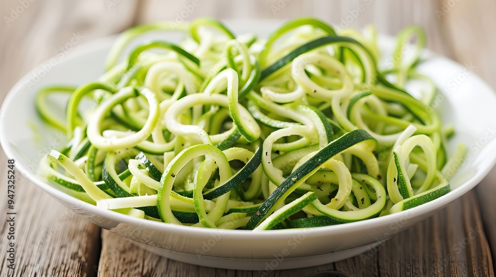 Zucchini noodles in white bowl on wooden surface showcasing healthy eating low-carb pasta alternative and simple meal preparation concept Zucchini noodles in white bowl on wooden surface showcasing healthy eating low-carb pasta alternative and simple meal preparation concept