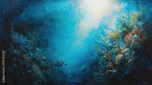 Underwater Painting Depicting Lush Coral Reefs Bathed in Sunlight