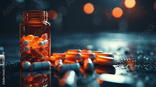 A glass bottle filled with pills sits on a dark surface, surrounded by scattered pills