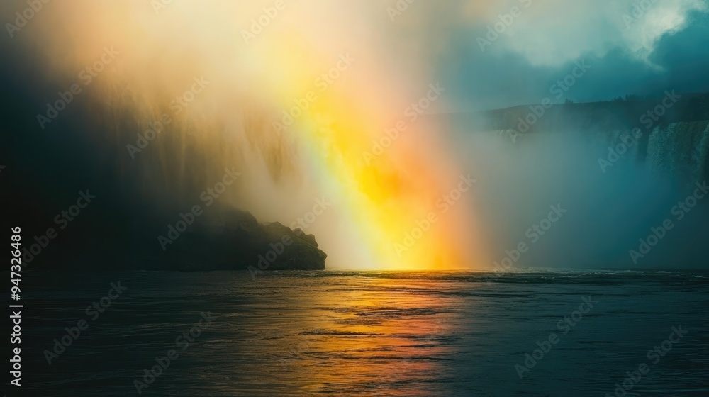 A rainbow forming in the mist at the base of Niagara Falls, seen from the river. A rainbow forming in the mist at the base of Niagara Falls, seen from the river.