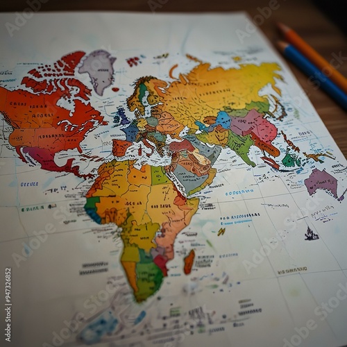 A colorful world map on wood, showing countries and continents, perfect for education.