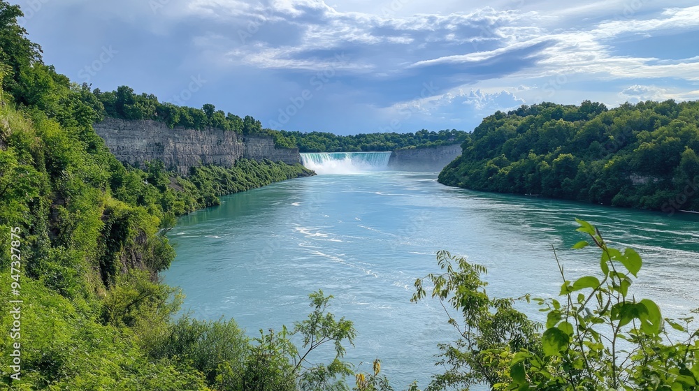 A view of the Niagara River leading to the falls, with lush greenery on both sides. A view of the Niagara River leading to the falls, with lush greenery on both sides.