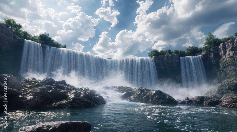 A wide-angle view of the American Falls, showing the rocky base and cascading water. A wide-angle view of the American Falls, showing the rocky base and cascading water.