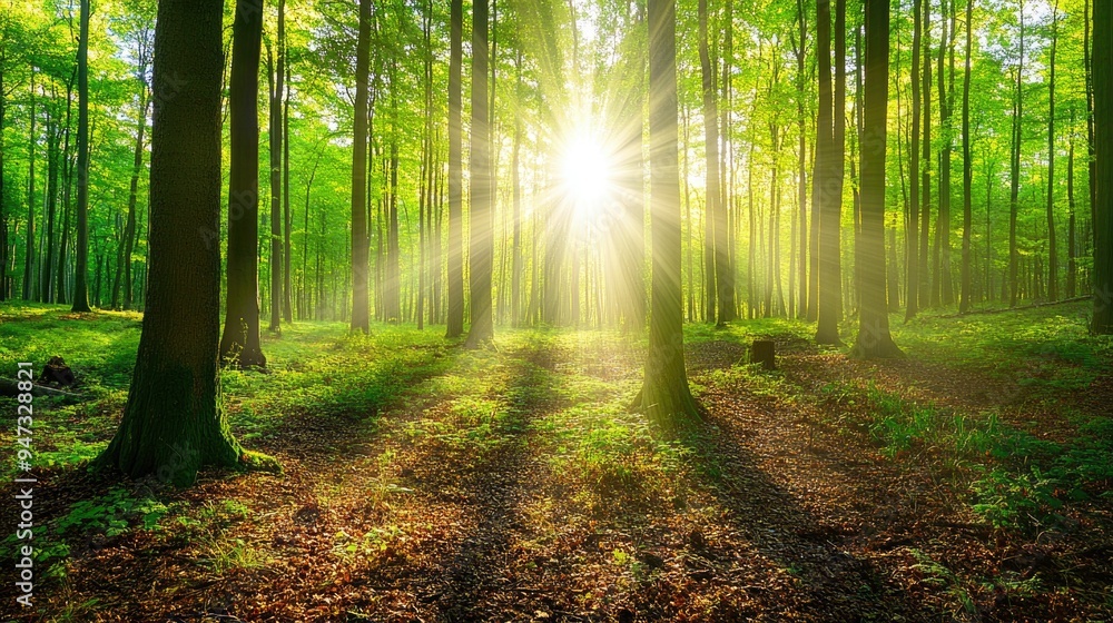 Obraz premium Beautiful rays of sunlight in a green forest