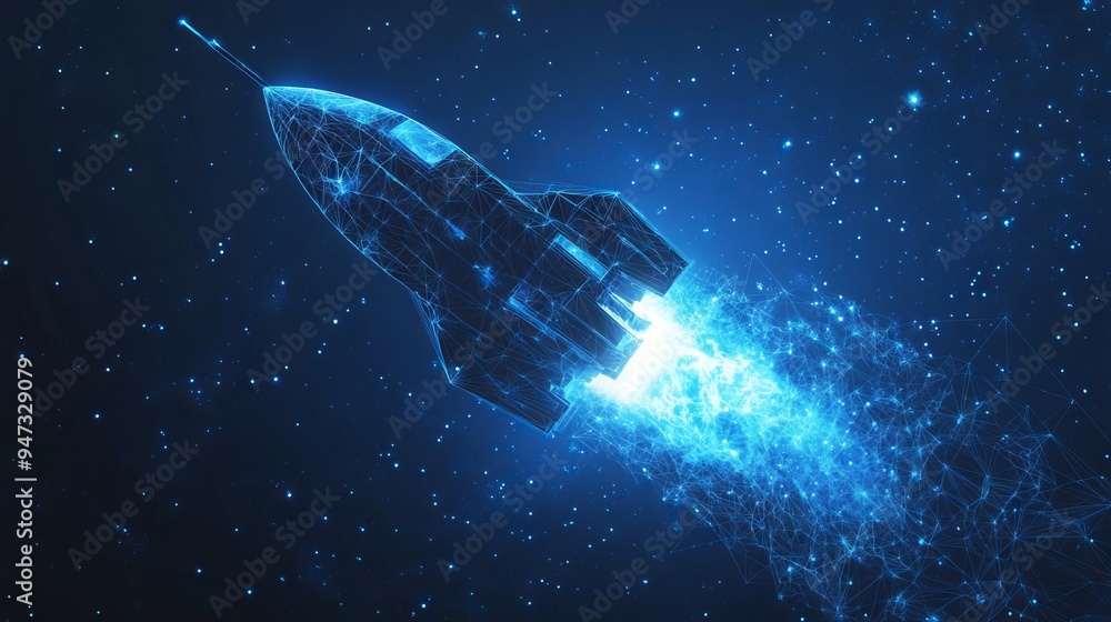Digital rocket flies in orbit of planet Earth. Abstract light blue technological background. Spaceship in outer cosmos. Low poly wireframe vector illustration with 3D effect. Polygonal science art. Digital rocket flies in orbit of planet Earth. Abstract light blue technological background. Spaceship in outer cosmos. Low poly wireframe vector illustration with 3D effect. Polygonal science art.