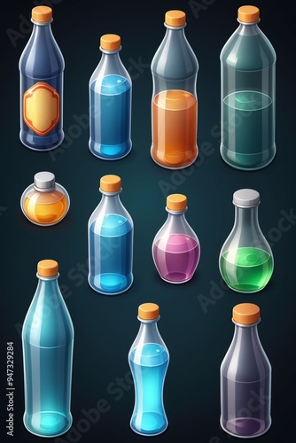 Wallpaper Mural A collection of liquid bottles isolated on a dark background, cartoon style Torontodigital.ca