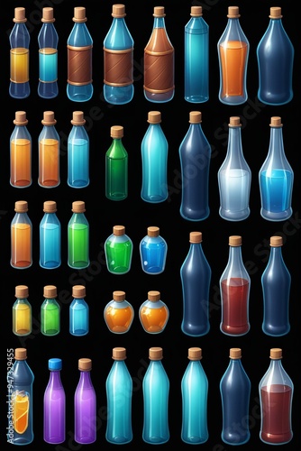 A collection of liquid bottles isolated on a dark background, cartoon style