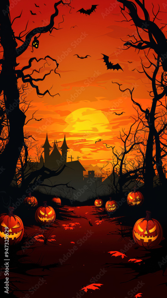 Cartoon Halloween Scene with Pumpkins Cartoon Halloween Scene with Pumpkins