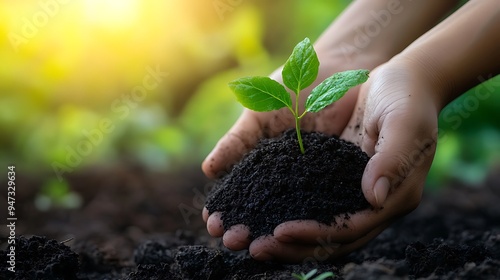 Hands Holding a Small Sprout in Soil, Symbol of Growth and Sustainability