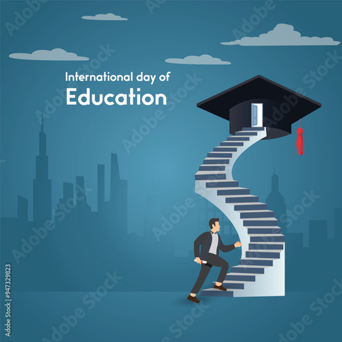 International Day of Education concept . Ladder of success in education .international Education day with graduation paper  round stairs ,office boy vector  .