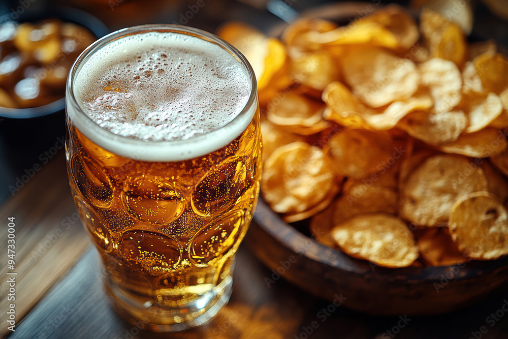 Close-Up of Beer with Chips Close-Up of Beer with Chips